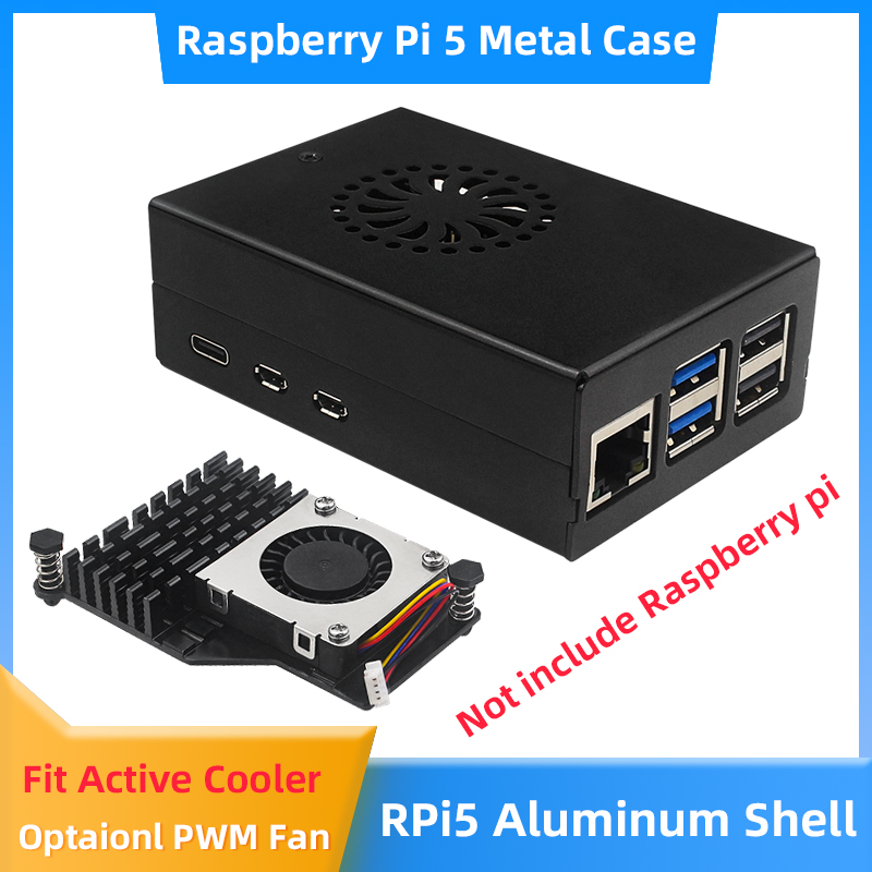Pi Cooler - Raspberry Pi 5 กรณีอลูมิเนียมโลหะสีดําอุปกรณ์เสริม Active Cooler